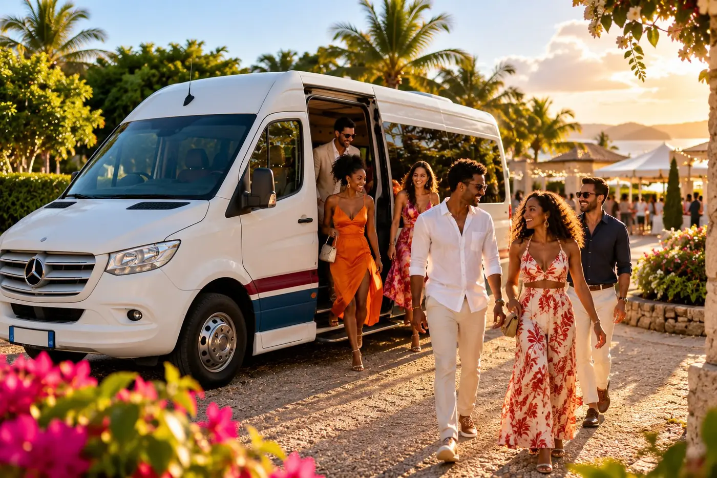 Groupe d'amis descendant d'un minibus à un événement
