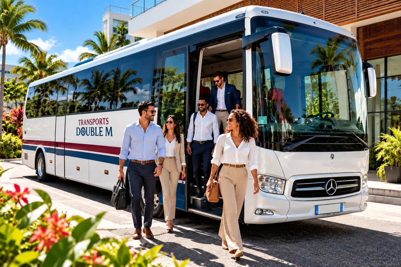 Professionnels descendant d'un autocar devant un bâtiment moderne
